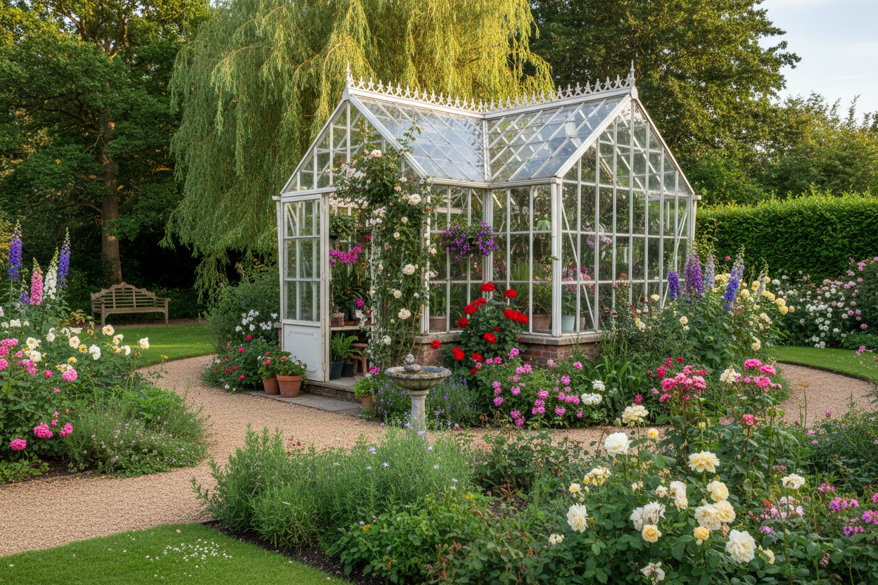 Airy greenhouse in an English garden setting